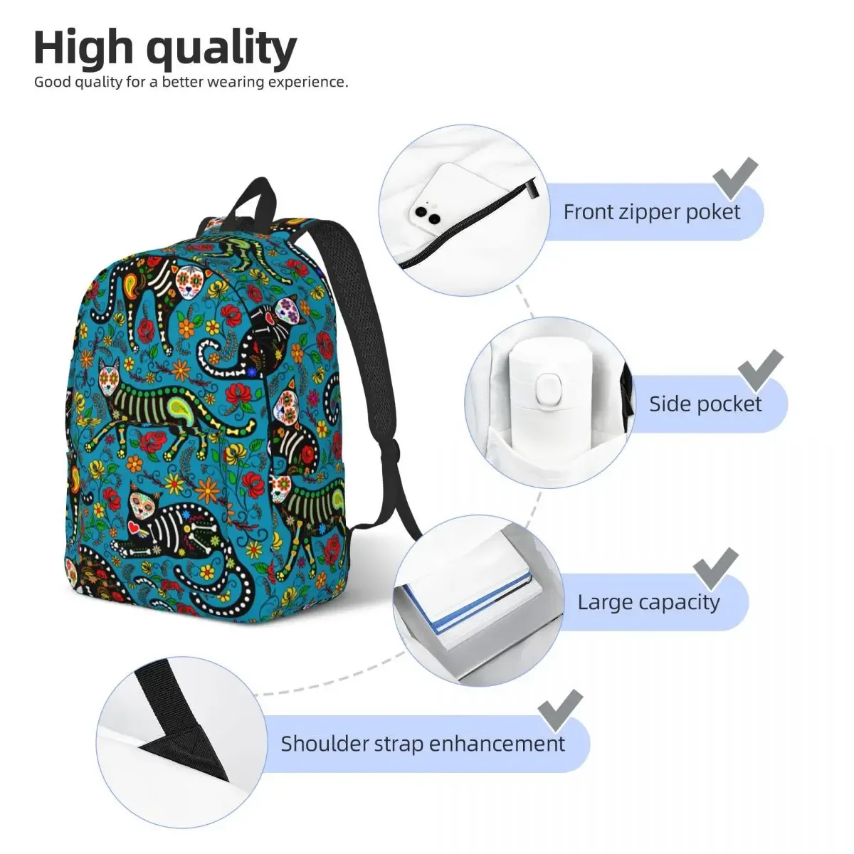 sac à dos d'école de grande capacité pour hommes et femmes, sac à dos étudiant, calavera, crâne de sucre, chats noirs, le jour de la fréquence