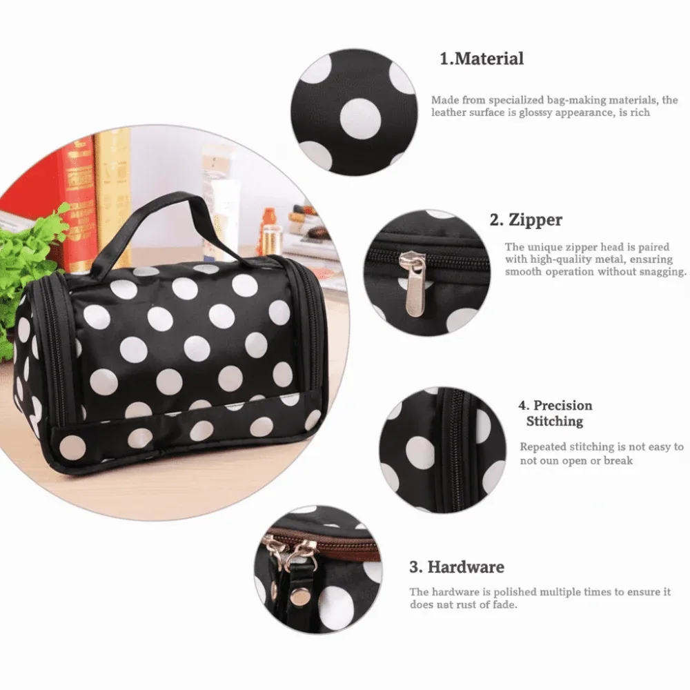 sac de maquillage portable à pois, style coréen, trousse de toilette de voyage grande capacité, sac de rangement cosmétique à rabat