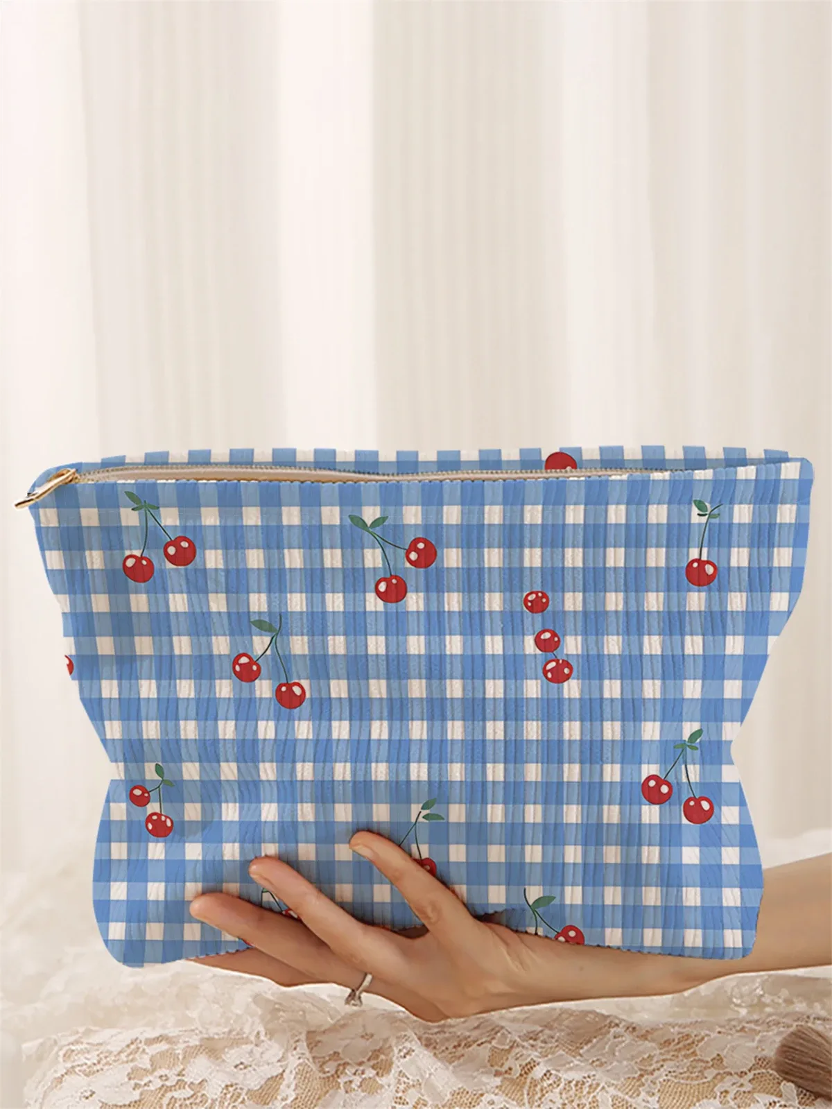 1 trousse de maquillage en velours côtelé à motifs cerises, boîte de rangement de maquillage légère à fermeture éclair, sac multifonctionnel avec doublure