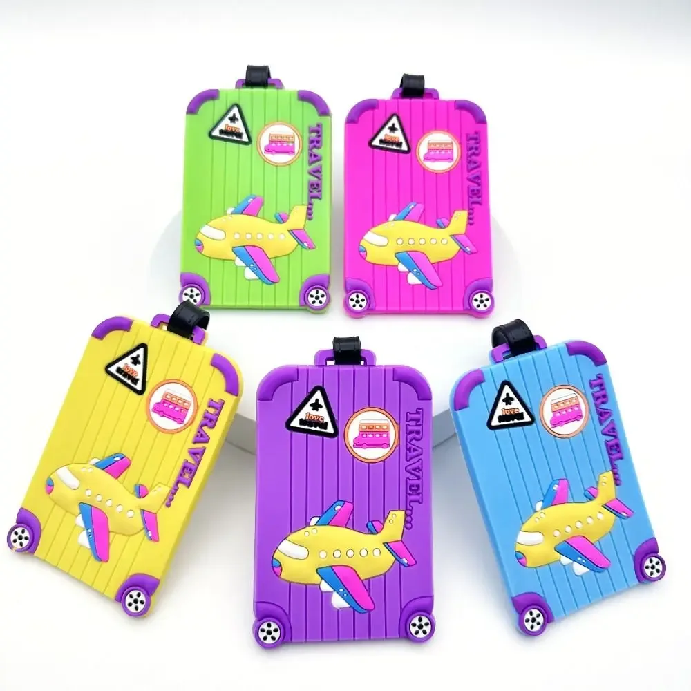 étiquettes de bagages portables en pvc, étiquettes de bagages en silicone souple avec dessin animé d'avion, fournitures de voyage, étiquettes d'identification et d'adresse pour valises