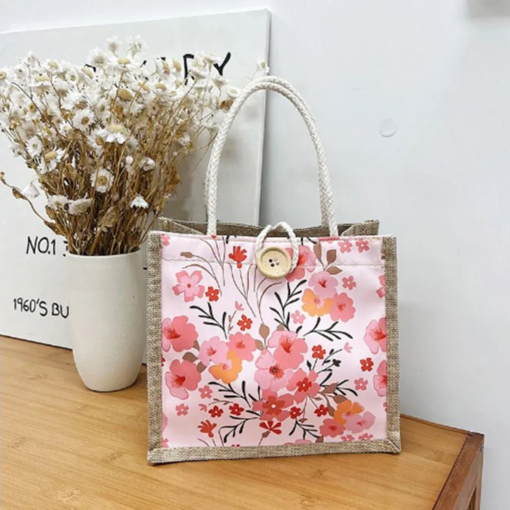 sac fourre-tout en lin avec fermoir à bouton, sac à lunch en poudre, sac fourre-tout, sac à main à bento, impression de fleurs mignonnes, sac à bento alimentaire pour pique-nique