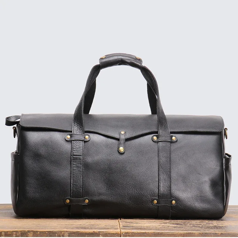sac de voyage à main en cuir givré pour hommes, pour l'extérieur, courte distance, couche supérieure rétro en cuir de vache, sac à bandoulière pliable de grande capacité