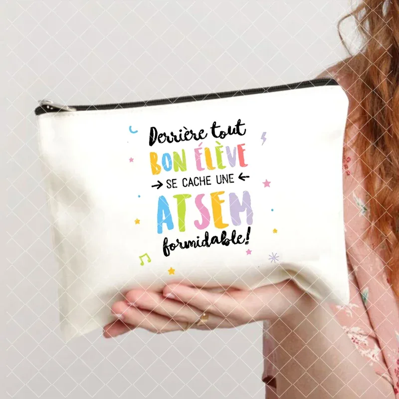 merci atsem – trousse de maquillage imprimée française, grande trousse à crayons, fournitures de papeterie scolaire, sac de rangement, pochette de lavage de voyage, cadeaux pour atsem