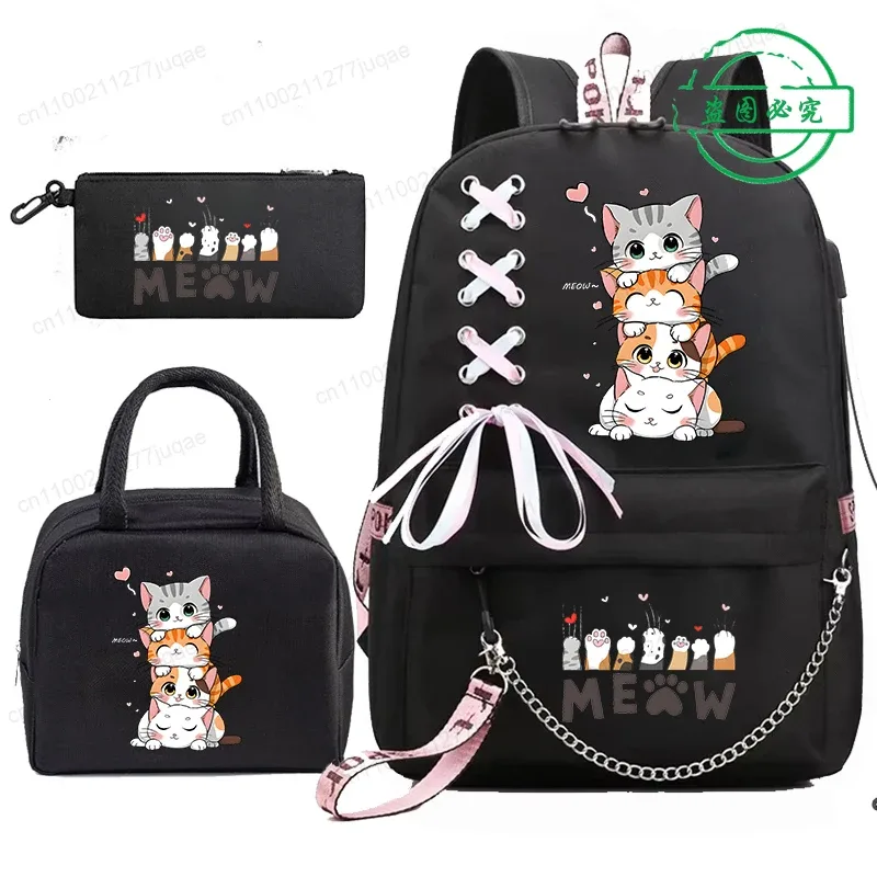 sac à dos scolaire pour étudiants et adolescents, sac à dos mignon kawaii avec motif de chat anime, sac à dos pour livres avec sacs à lunch portables, 3 pièces