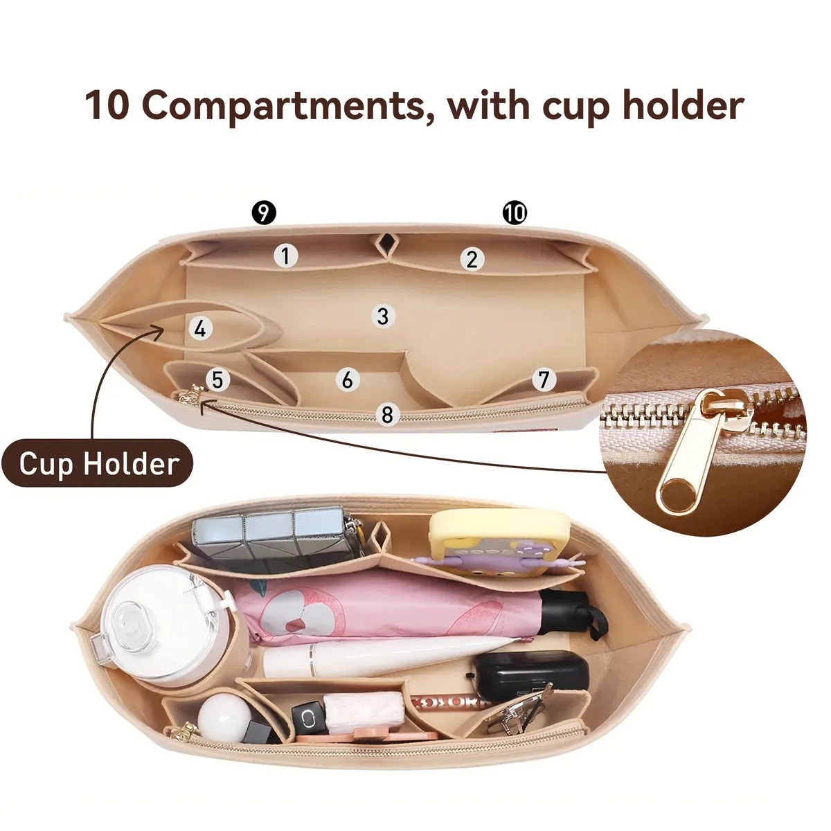 organisateur de sac à main en feutre avec fermeture éclair, lot de 2 pièces, grand format, pour sacs fourre-tout, 3 tailles