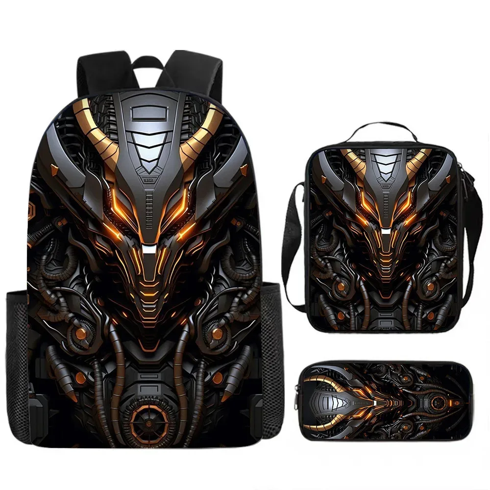 sacs d'école de luxe originaux et cool de style mécanique, imprimés en 3d, lot de 3 pièces : sac à dos pour ordinateur portable, sac à déjeuner et trousse à crayons