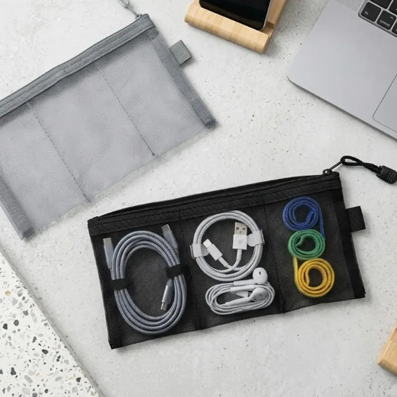 sac de rangement portable en maille pour voyage, pochette de transport pour câbles de données, sac multifonctionnel à trois compartiments pour bijoux, accessoires, cosmétiques et cartes