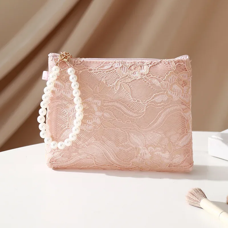 petite trousse de maquillage en dentelle à fleurs avec chaîne de perles, pochette à cosmétiques pour femmes, organisateur de voyage, sac à main portable pour clés de téléphone, porte-monnaie
