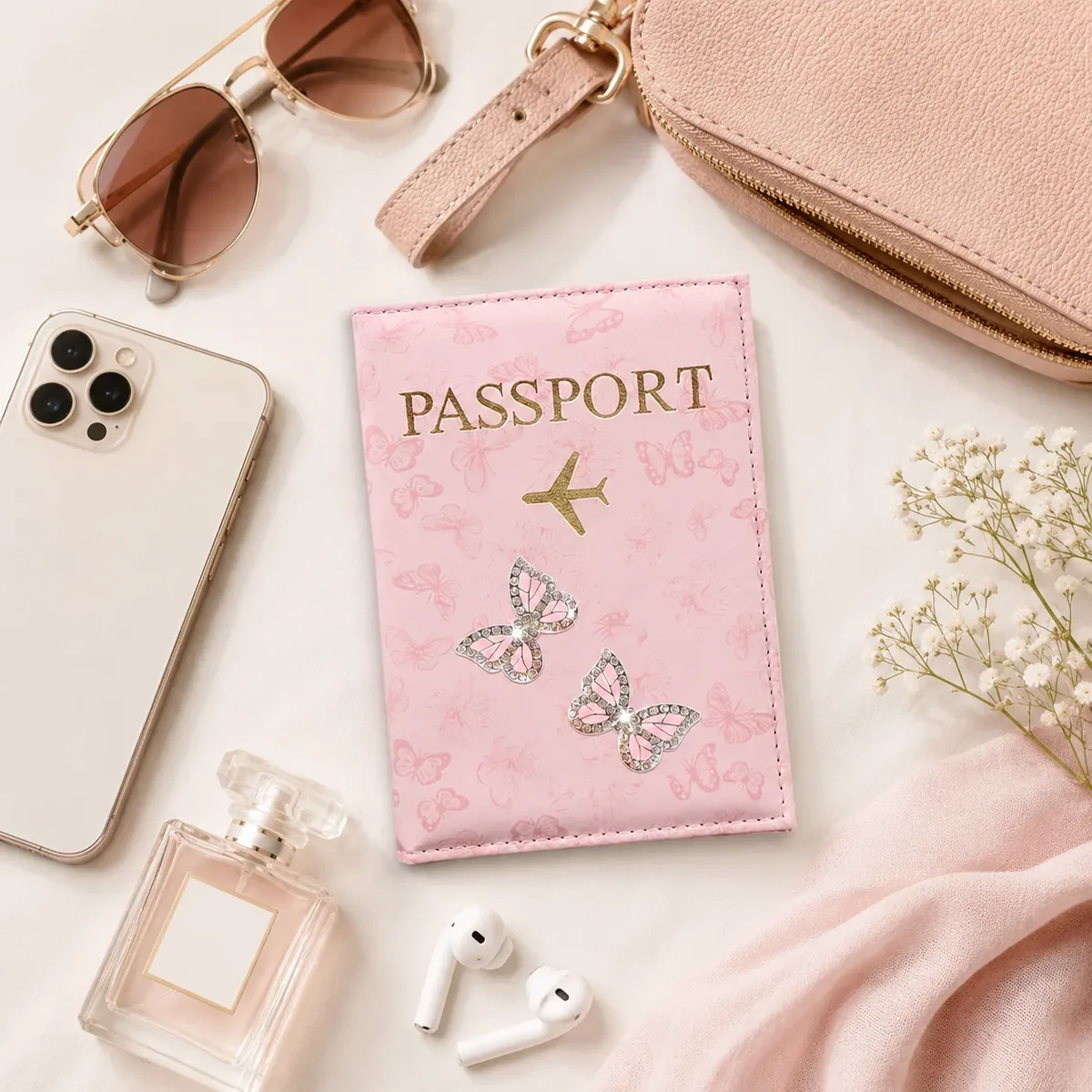 porte-passeport en cuir pu rose papillon, étui de voyage orné de strass avec emplacements pour cartes pour femme, cadeau idéal pour les vacances à l'aéroport