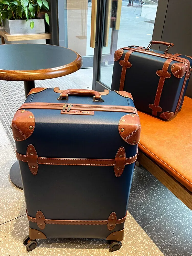 bagage d'affaires vintage en cuir bleu, valise à main de 20 pouces + valise à carreaux de 24 pouces, roulettes spinner, serrure tsa, style collégial unisexe