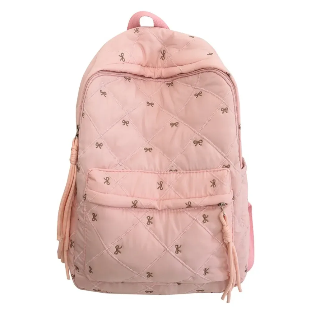 sac à dos léger en nylon avec nœud brodé, style preppy, sac à dos portable pour étudiants, idéal pour l'école et les activités de plein air.
