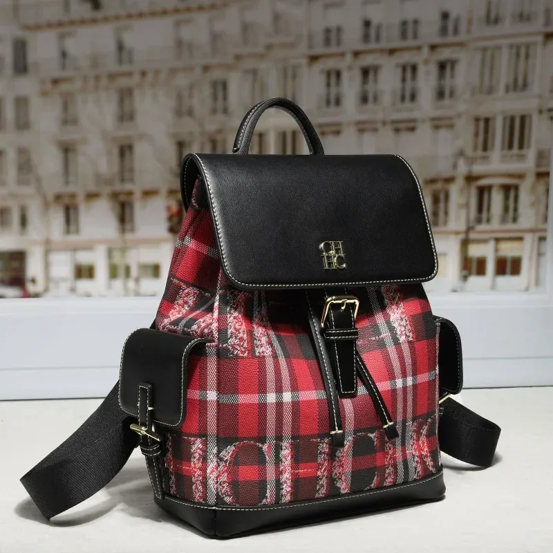 ch nouvelles femmes sac à dos motif à carreaux noir rouge couleur bloc dames sac boucle détail décontracté voyage quotidien bandoulière mode sac