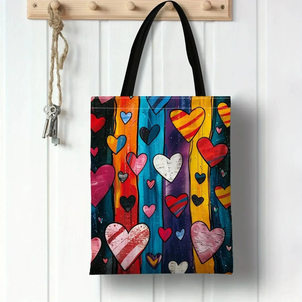 sac fourre-tout floral, illustrations florales vibrantes, sac de shopping réutilisable, sac fourre-tout à motifs de cœurs arc-en-ciel, grand sac de rangement pour achats.