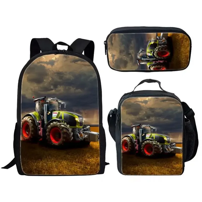 sac à dos tendance et populaire pour étudiants, motif simulateur d'agriculture avec tracteur imprimé en 3d, lot de 3 pièces : sac à dos pour ordinateur portable, sac à déjeuner et trousse à crayons