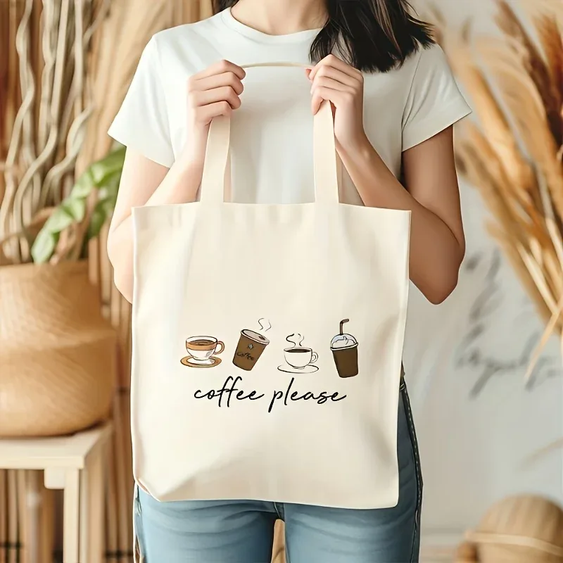Un sac à bandoulière imprimé avec la mention « Coffee Please », motif de quatre tasses de café, impression minimaliste de latte, de tasses à emporter et de café glacé.