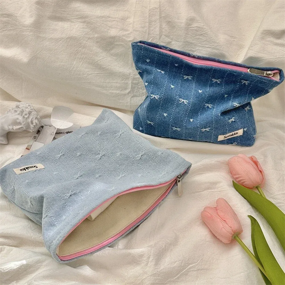 style coréen grand nœud étoiles imprimer maquillage stockage étui à fermeture éclair produits de soins de la peau sacs de rangement de cosmétiques sac de maquillage de voyage