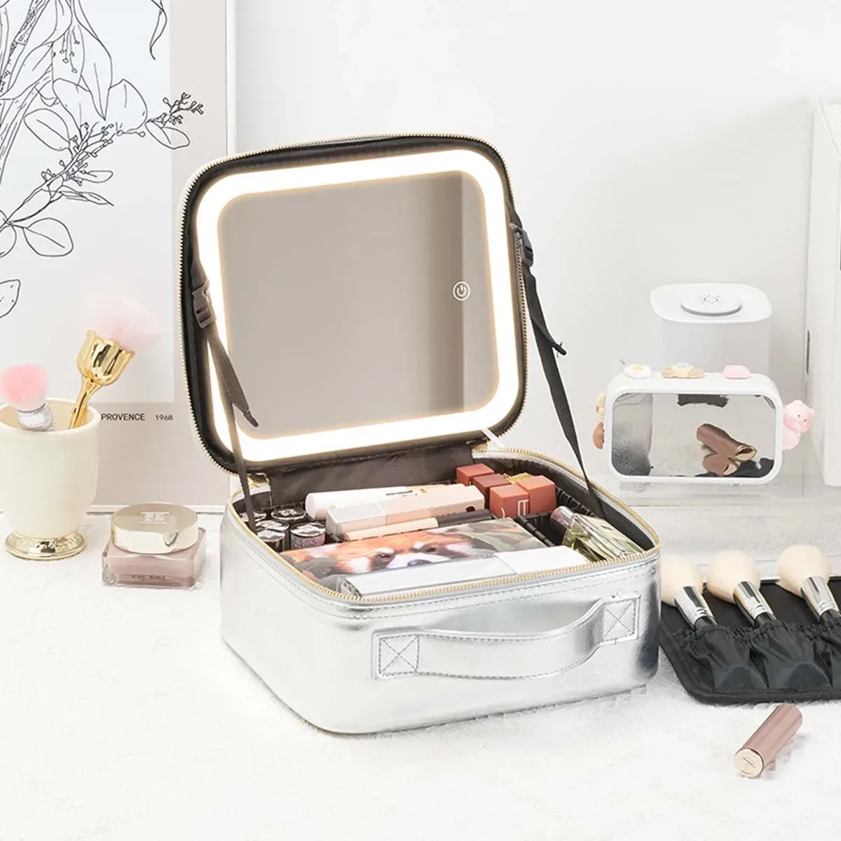 éclairage de maquillage à trois vitesses, trousse de maquillage de grande capacité, étui de maquillage, miroir plein écran, sac de rangement de maquillage de voyage portable