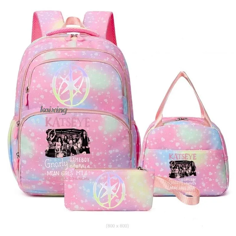 hot katseye drôle impression sacs d'école avec des sacs à déjeuner 3 pièces coloré garçons et filles sac à dos primaire voyage en plein air ordinateur portable mochilas