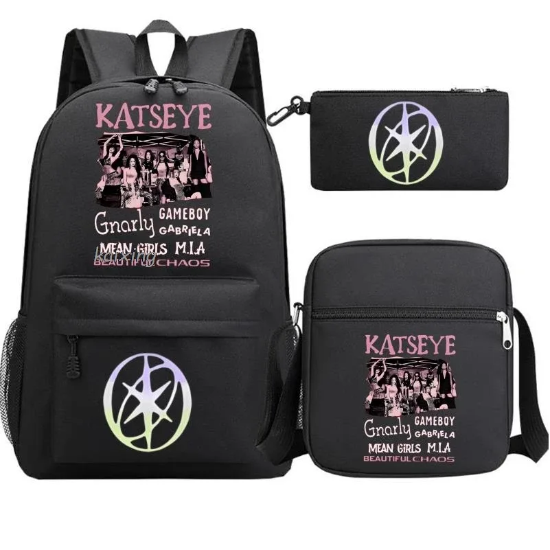 katseye chaud drôle impression sac à dos pour filles garçons étudiant pour adolescent enfants sac à dos cartable sac d'école décontracté 3 pièces/ensembles