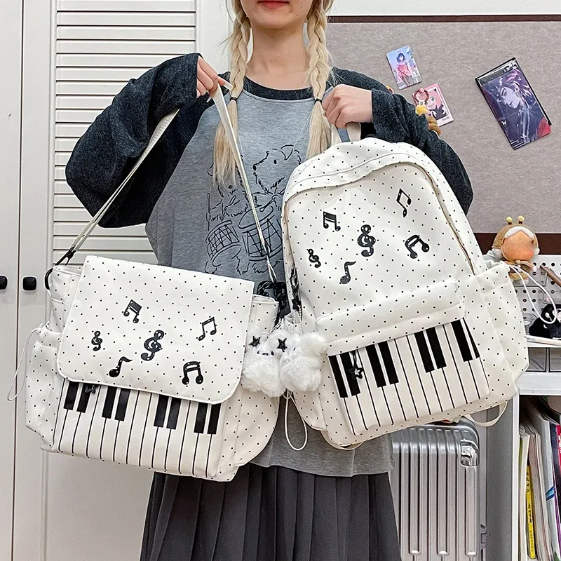 sac à dos à touches de piano à pois, sac à dos de style japonais à blocs de couleur, sac à dos en forme de piano de style scolaire, grand sac de voyage pour femmes