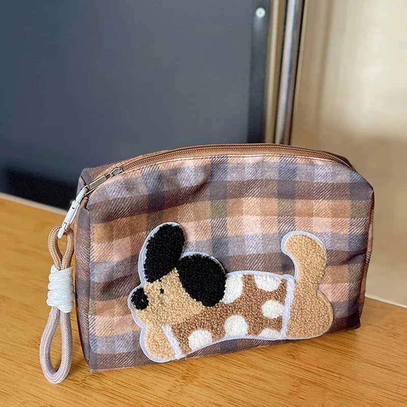 jolis sacs de rangement de maquillage à carreaux pour chiot avec lanière ; cadeaux d'organisation cosmétique de voyage super capacitifs