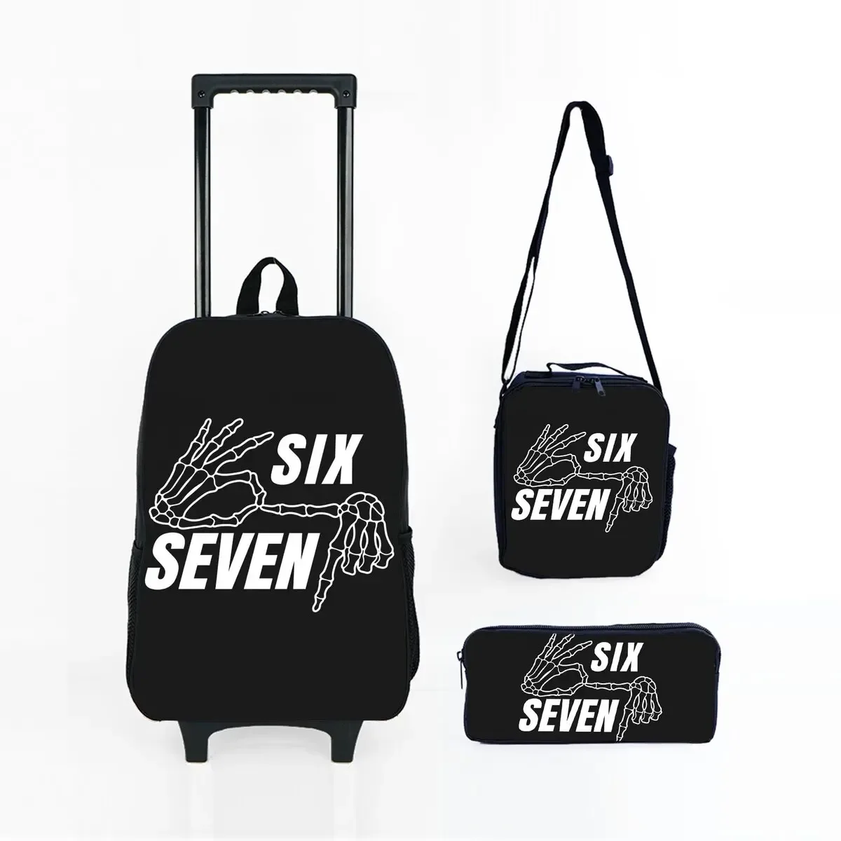 ensemble de sacs à roulettes noirs numéro 67 colorés, avec boîte à déjeuner, sac à stylos avec roulettes, sac à dos de chariot d'école pour filles/garçons