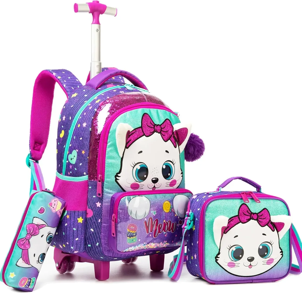 sac à dos roulant pour filles, valise de voyage pour enfants avec roulettes, bagage à main avec animaux mignons pour élèves du primaire, sac à roulettes pour enfants