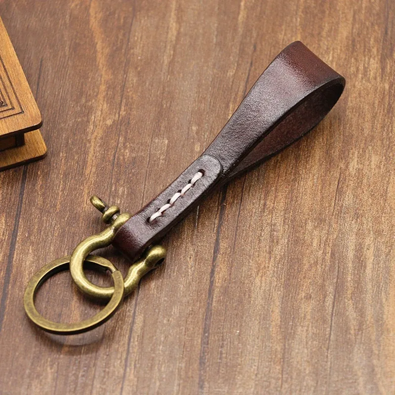 porte-clés en cuir de vachette fait main de haute qualité, breloque de sac, cordon pour clés de voiture, boucle fer à cheval vintage en cuivre, pendentif de sac à dos