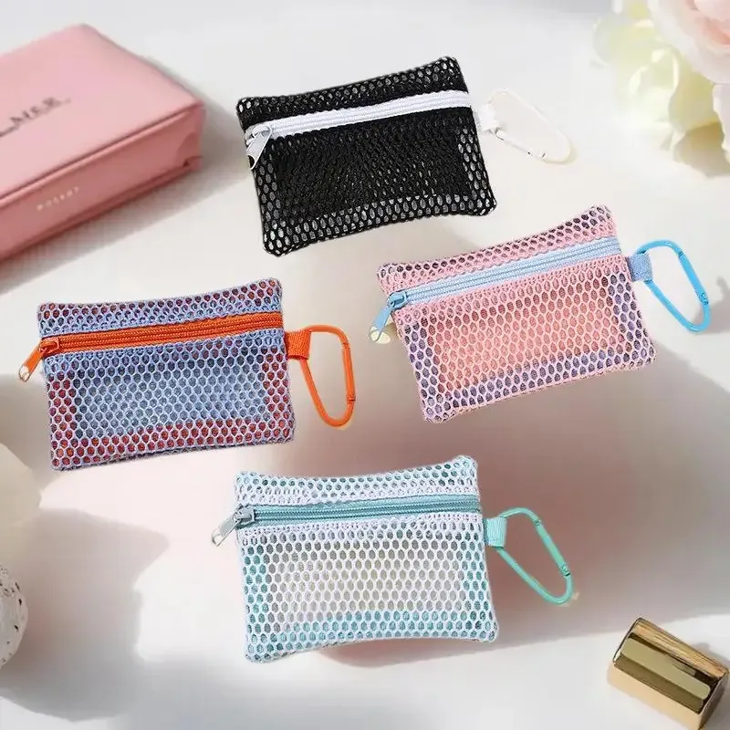 trousse de maquillage en maille transparente, pochette cosmétique portable élégante avec fermeture éclair, conception plate pour les articles de toilette et le rangement du maquillage