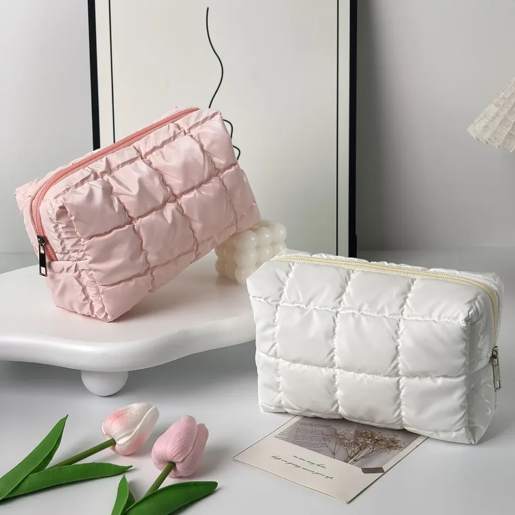 trousse de maquillage matelassée en coton doux et mignon, grande trousse de toilette à fermeture éclair, organiseur de cosmétiques rembourré pour femmes