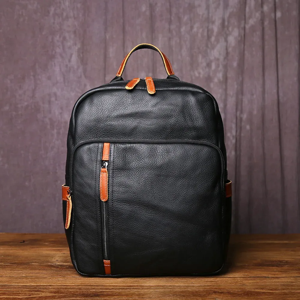 sac à dos en cuir véritable pour homme, style collège décontracté, housse de livre en cuir de vachette, simple et à la mode, sac pour ordinateur portable 15 pouces