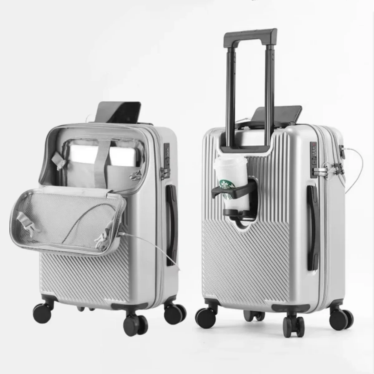 Valise de poche à ouverture avant, bagages roulants de voyage, chariot en alliage d'aluminium ABS + étui pour PC avec roue rotative, Port de chargement USB