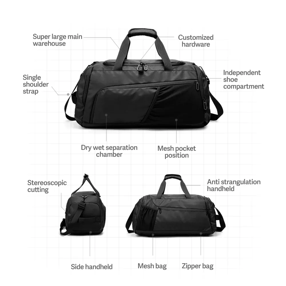 sac de sport imperméable à l'eau, sac de week-end de voyage pour hommes et femmes, sacs de sport de nuit, séparation sèche et humide