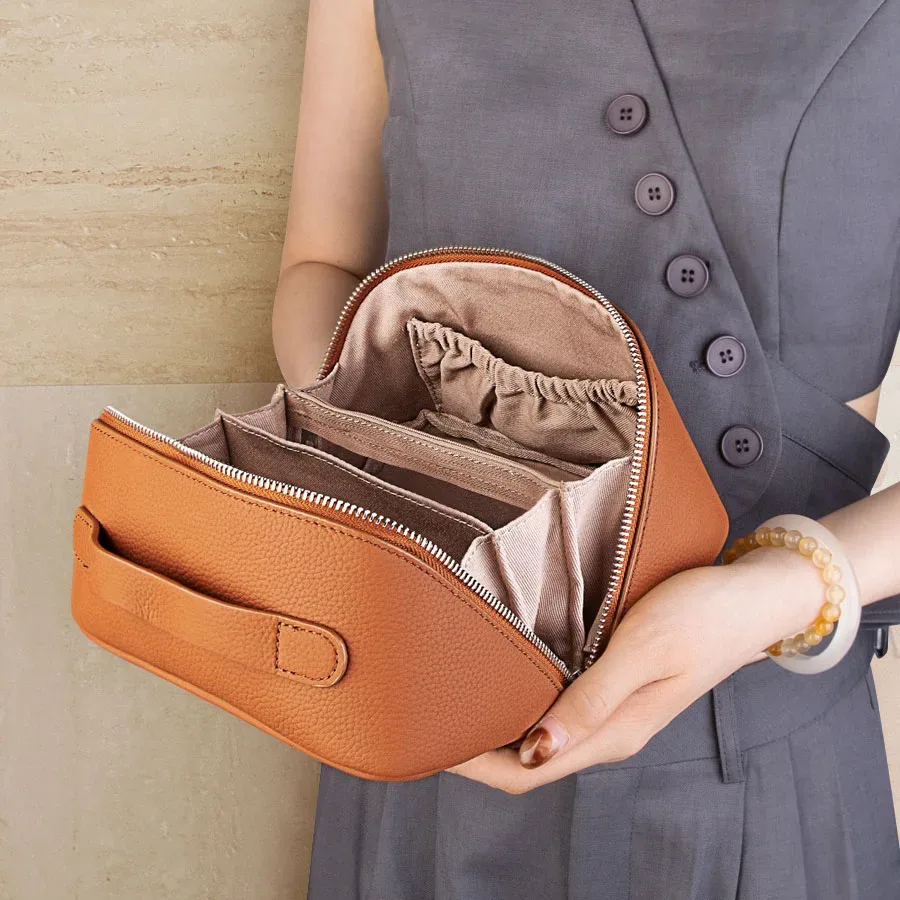 sac à cosmétiques en cuir véritable, design classique, multifonction, trousse de toilette de voyage, portable, simple, organiseur pour femmes, sac à main, trousse de maquillage