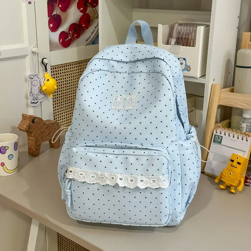 Sac à dos en nylon style preppy avec dentelle à pois, sac de voyage léger et décontracté pour étudiante, idéal pour les trajets quotidiens