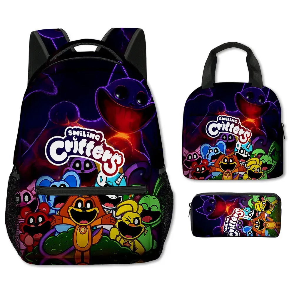 dessin animé nouveauté cool cristes souriants impression 3d 3 pièces/ensemble sacs d'école pour étudiants sac à dos pour ordinateur portable sac à déjeuner à bandoulière trousse à crayons