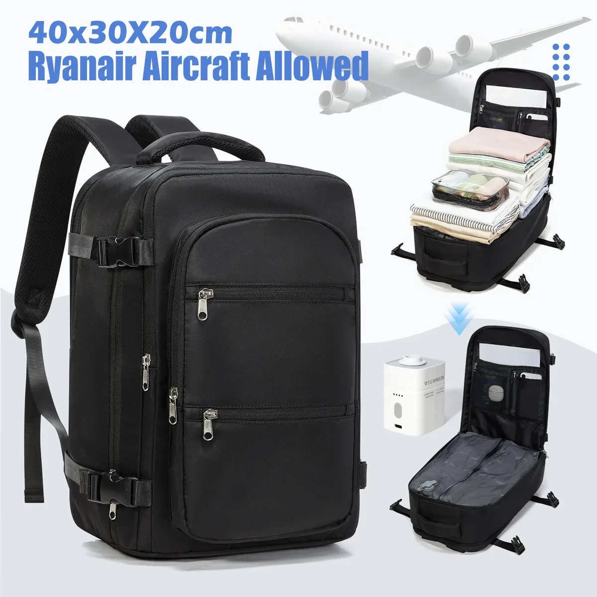 avion wizzair 40x30x20 sac à dos air sous vide compression sac à dos hommes sac à dos voyage cabine valise, bagages à main sacs pour ordinateur portable