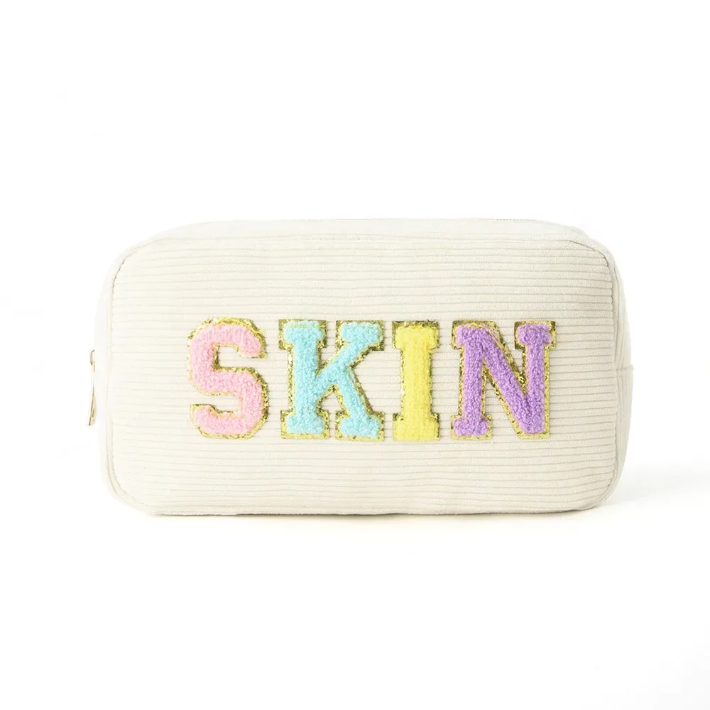 sac de rangement en velours côtelé rose beige bleu violet broderie lettre sac de voyage maquillage grande capacité organisateur de rouge à lèvres femmes filles