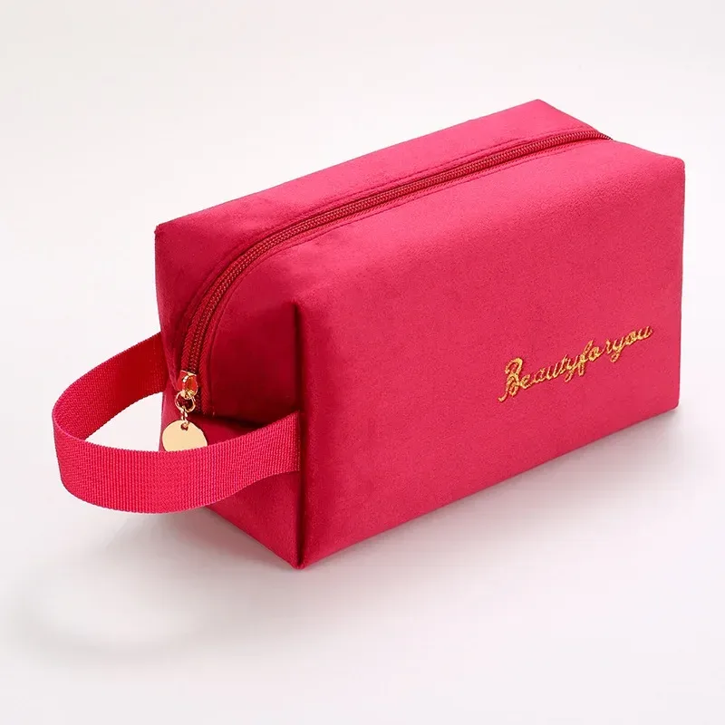 trousse de maquillage en peluche, trousse à cosmétiques pour femmes, grande trousse de toilette de voyage de couleur unie à fermeture éclair, pochette de lavage de beauté