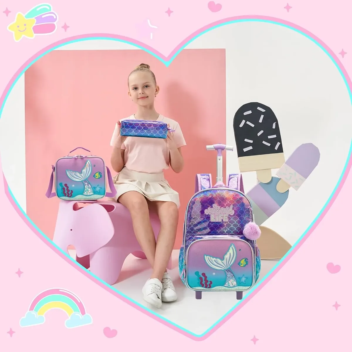 ensemble de sacs à dos roulants pour filles, sac à dos d'école avec roulettes, bagages de voyage, sac à dos à roulettes pour enfants, essentiels de rentrée scolaire