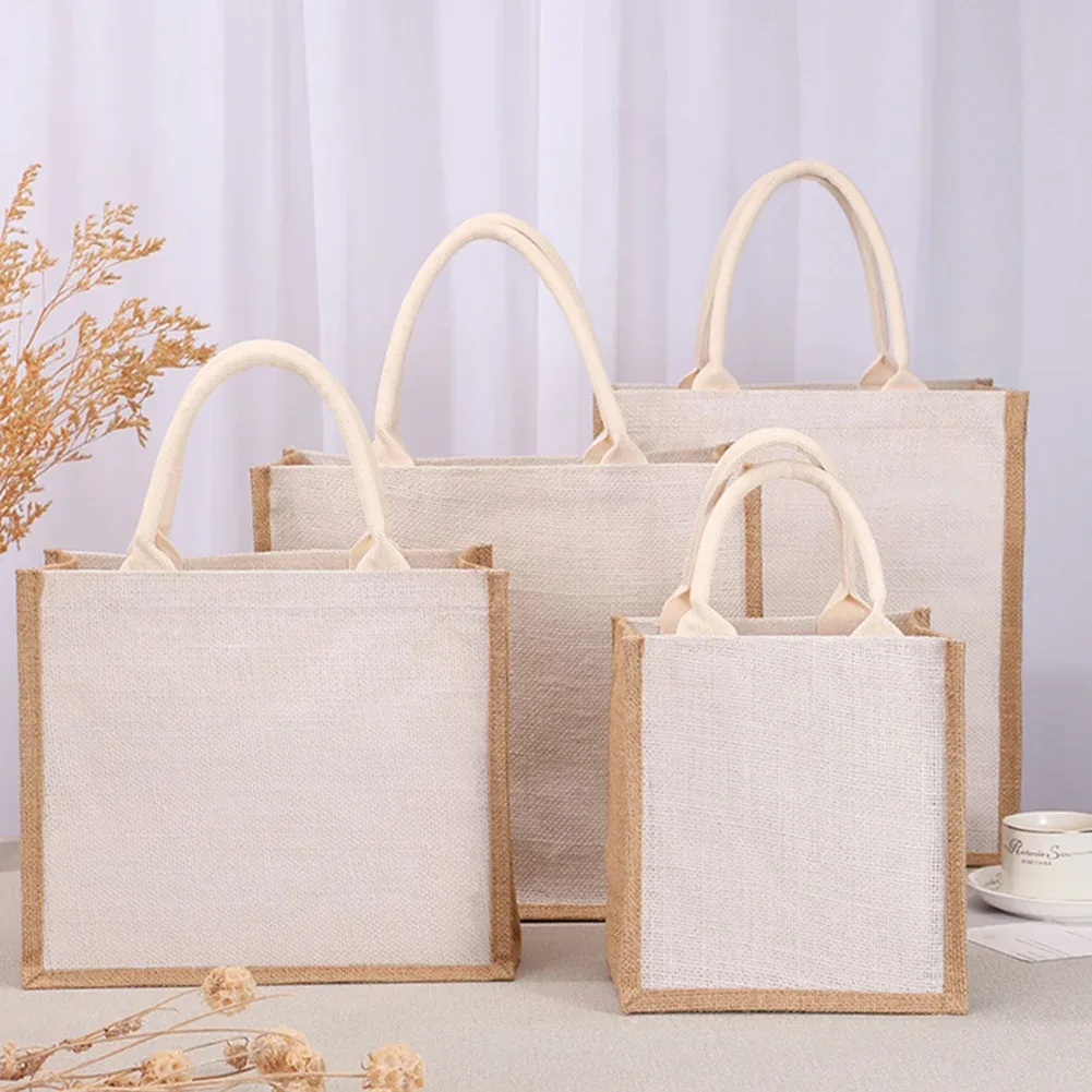 sac fourre-tout en toile de jute grande capacité pour femme, simple et décontracté, pour courses et voyages, réutilisable