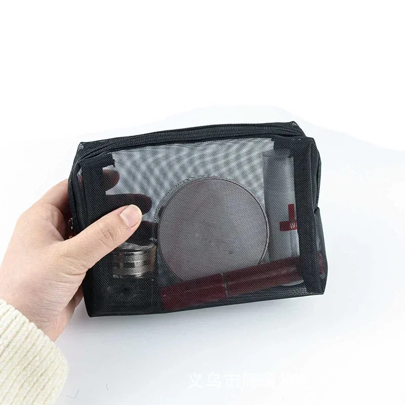 sacs à cosmétiques transparents en maille, petite et grande trousse de maquillage noire, trousse de toilette de voyage, rouge à lèvres, stockage de poudres
