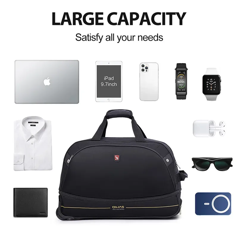 oiwas sac de voyage à roulettes pour homme 56l, sac de voyage pliable hydrofuge avec roulettes, bagage à main, sacs de transport avec roulettes, pack d'extension