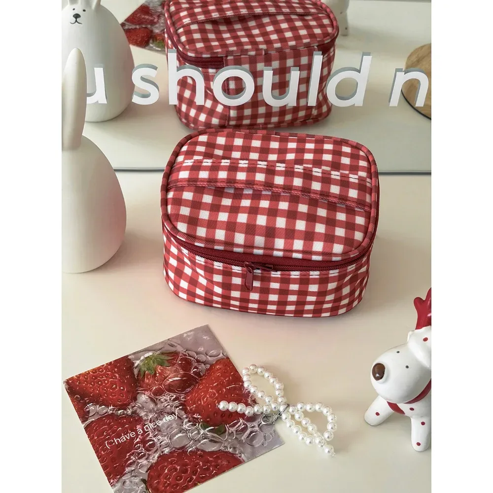 pochette à cosmétiques à carreaux, trousse de toilette de voyage minimaliste à blocs de couleur, nouvelle trousse de maquillage portable à motif quadrillé grande capacité
