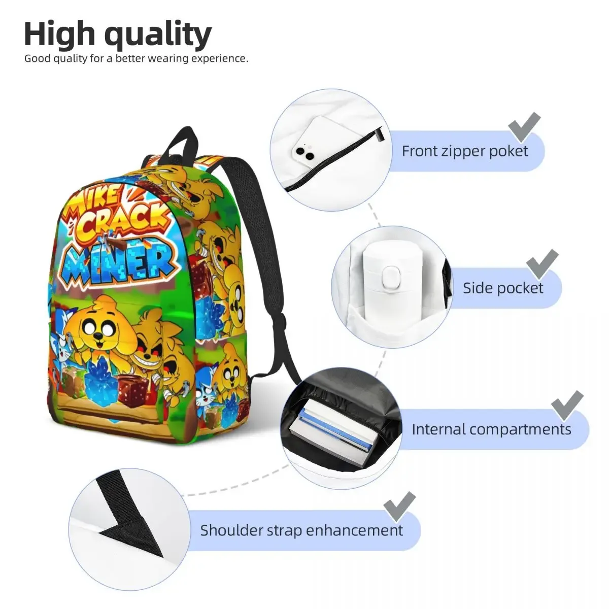 kawaill mikecracked miner sac à dos pour hommes femmes mode anime chiens étudiant travail sac à dos collège toile sacs cadeau