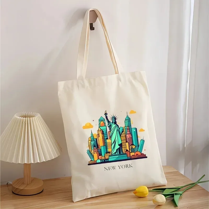 Sacs à bandoulière imprimés New York pour femmes, sacs à main décontractés réutilisables pour filles, sac fourre-tout en toile pour femme, sac de shopping grande capacité