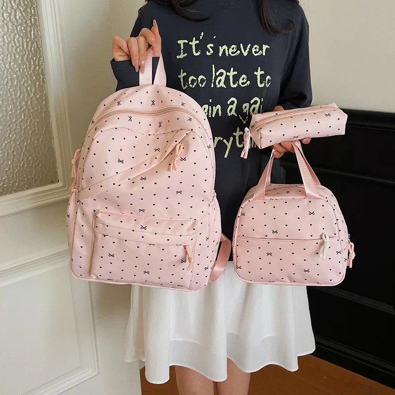 sac à dos en nylon à pois avec boîte à lunch et trousse à crayons, ensemble de sacs à livres pour étudiants, grande capacité pour adolescentes, filles et femmes, 3 pièces