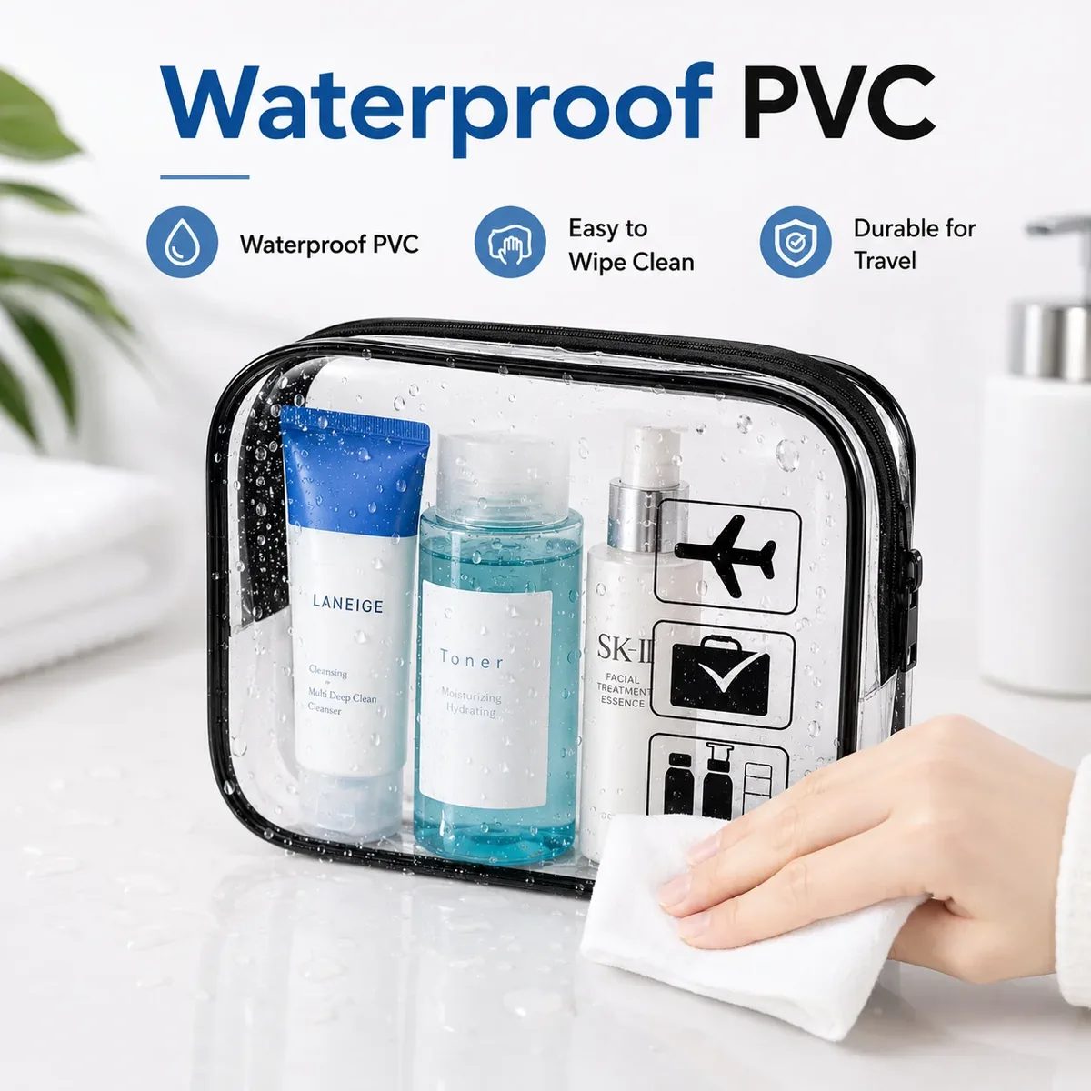 sac de voyage portable transparent et étanche pour cosmétiques, grande capacité, sac de rangement pour articles de toilette et maquillage, organisateur pratique à emporter