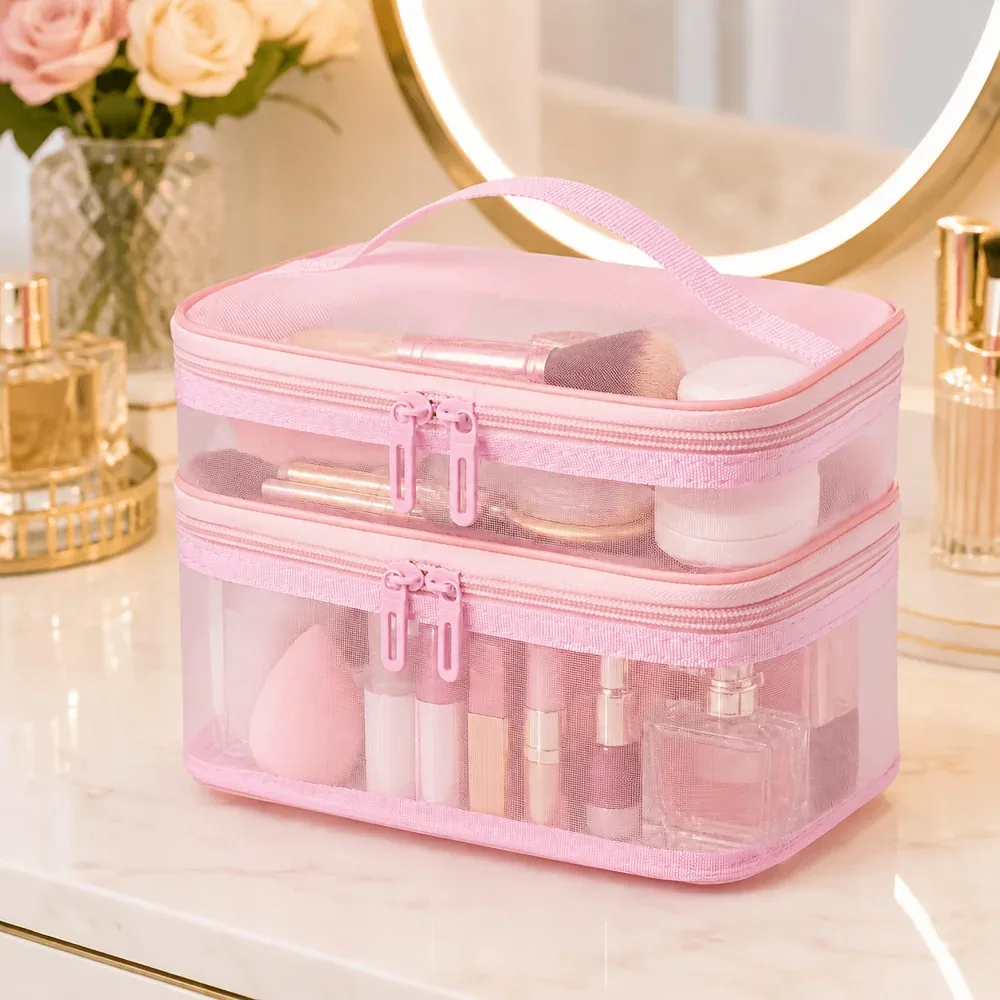 sac de rangement pour articles de toilette transparent à double couche et grande capacité, organisateur de cosmétiques portable avec compartiments
