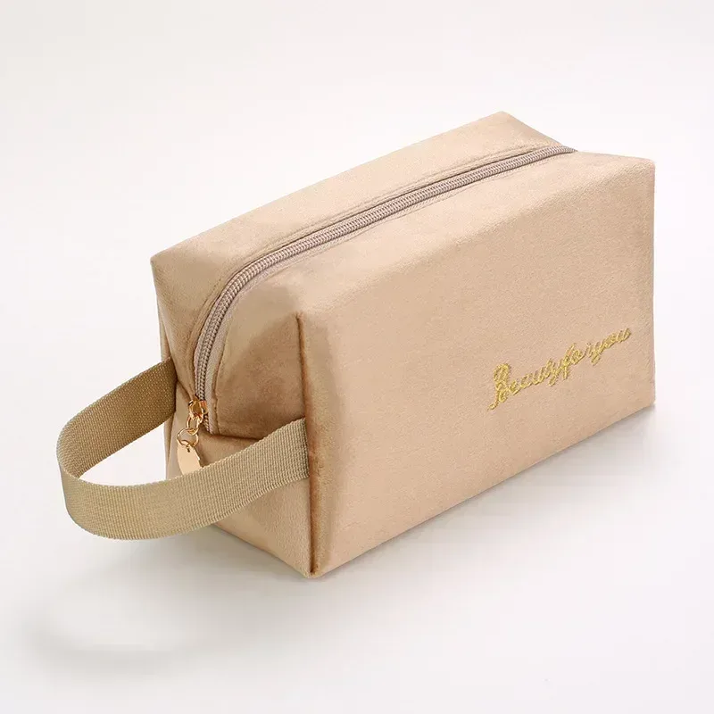 sac à cosmétiques en velours à fermeture éclair pour femme, grande trousse de maquillage de voyage, solide, pour documents, rouge à lèvres, rangement féminin
